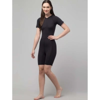 Women's Polyester Spandex Solid Above Knee Slip On Round Neck Swimsuit Set (Black) - S