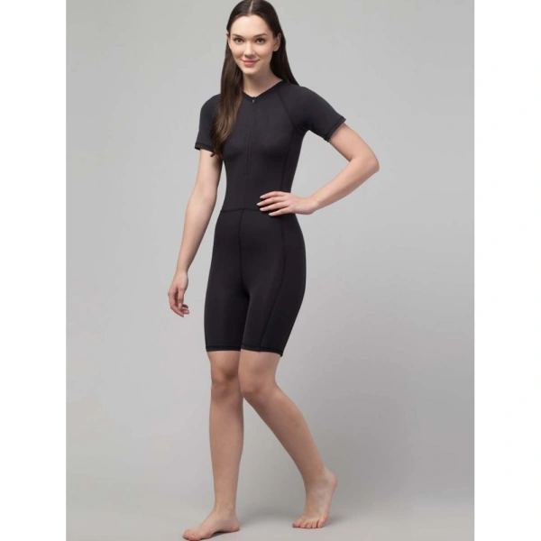 Women's Polyester Spandex Solid Above Knee Slip On Round Neck Swimsuit Set (Black) - S