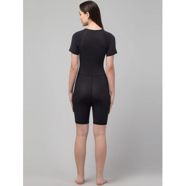 Women's Polyester Spandex Solid Above Knee Slip On Round Neck Swimsuit Set (Black) - S