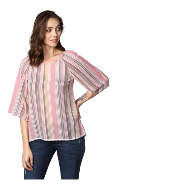 Women's Polyester Striped 3-4th Sleeves Top (Pink) - S