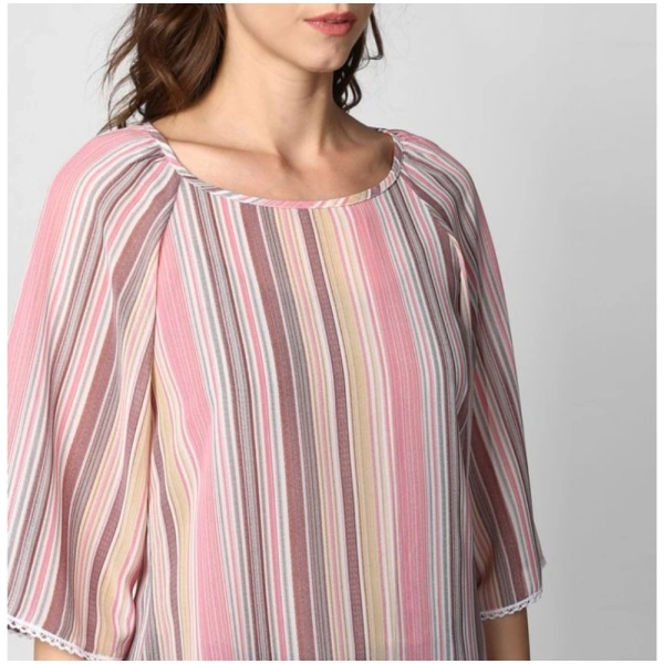 Women's Polyester Striped 3-4th Sleeves Top (Pink) - S