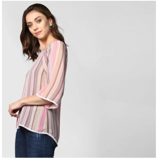 Women's Polyester Striped 3-4th Sleeves Top (Pink) - S