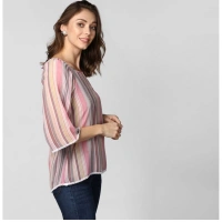 Women's Polyester Striped 3-4th Sleeves Top (Pink) - S