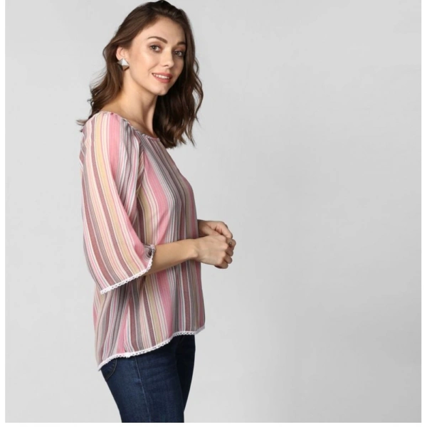 Women's Polyester Striped 3-4th Sleeves Top (Pink) - S