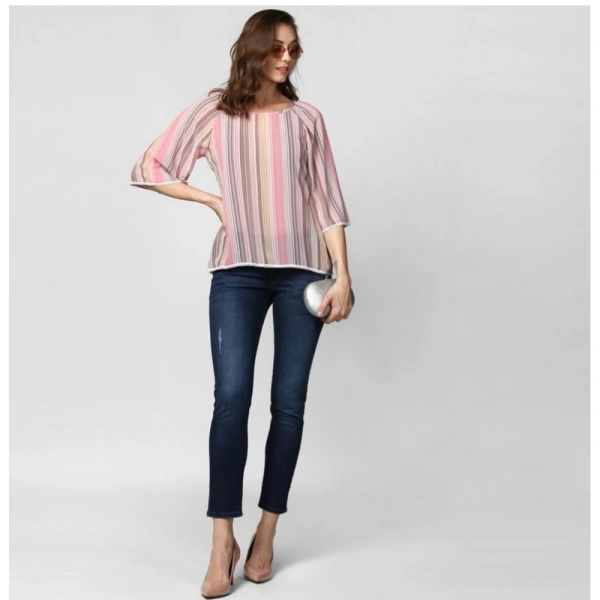 Women's Polyester Striped 3-4th Sleeves Top (Pink) - S