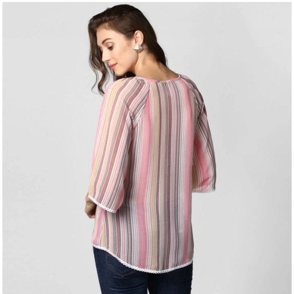 Women's Polyester Striped 3-4th Sleeves Top (Pink) - S