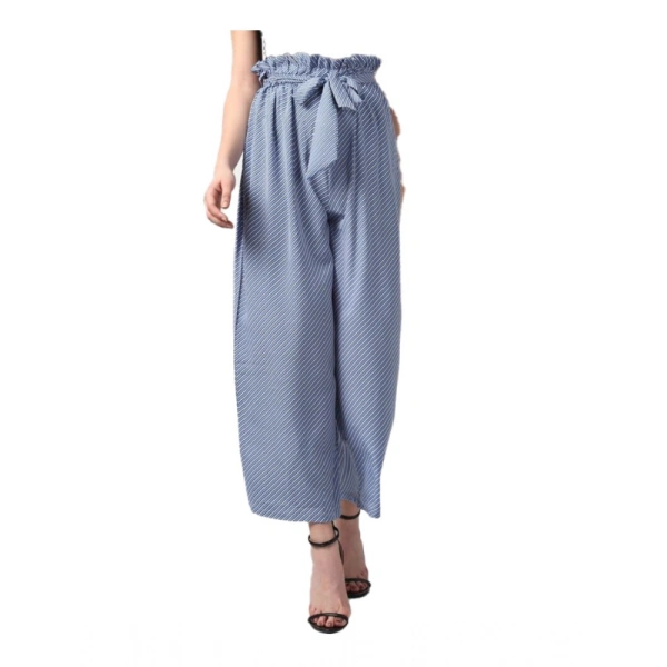 Women's Polyester Striped Elasticated Trousers (Blue) - L