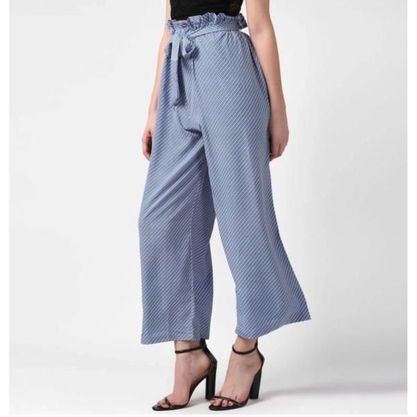 Women's Polyester Striped Elasticated Trousers (Blue) - L