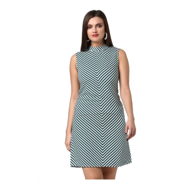 Women's Polyester Striped Sleeveless Above Knee Dress (Green) - M