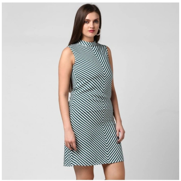 Women's Polyester Striped Sleeveless Above Knee Dress (Green) - M