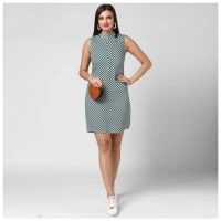 Women's Polyester Striped Sleeveless Above Knee Dress (Green) - M