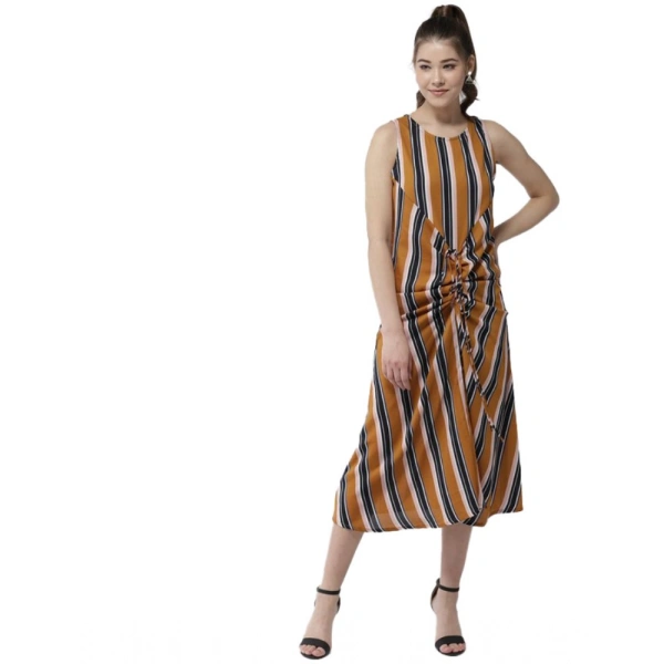 Women's Polyester Striped Sleeveless Below Knee Dress (Mustard) - M