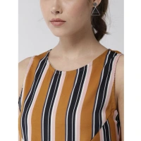 Women's Polyester Striped Sleeveless Below Knee Dress (Mustard) - M