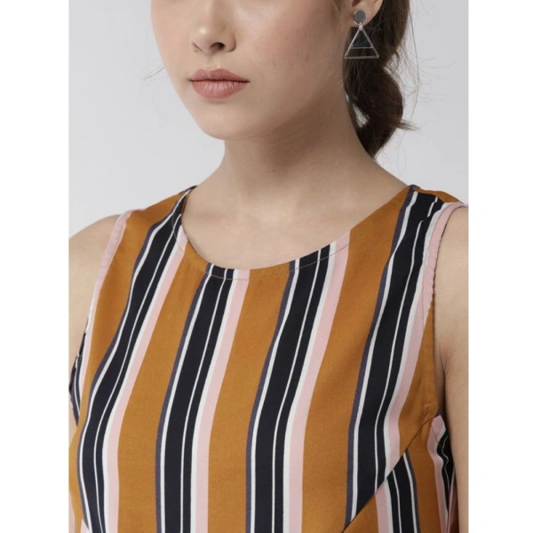 Women's Polyester Striped Sleeveless Below Knee Dress (Mustard) - M