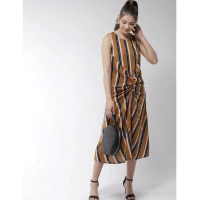 Women's Polyester Striped Sleeveless Below Knee Dress (Mustard) - M