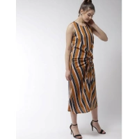 Women's Polyester Striped Sleeveless Below Knee Dress (Mustard) - M