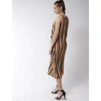 Women's Polyester Striped Sleeveless Below Knee Dress (Mustard) - M