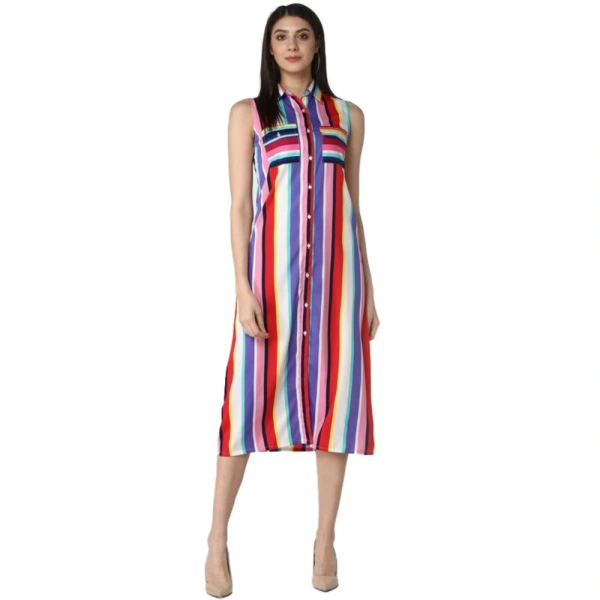 Women's Polyester Striped Sleeveless Calf-length Dress (Multicolor) - S