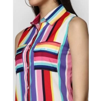 Women's Polyester Striped Sleeveless Calf-length Dress (Multicolor) - S