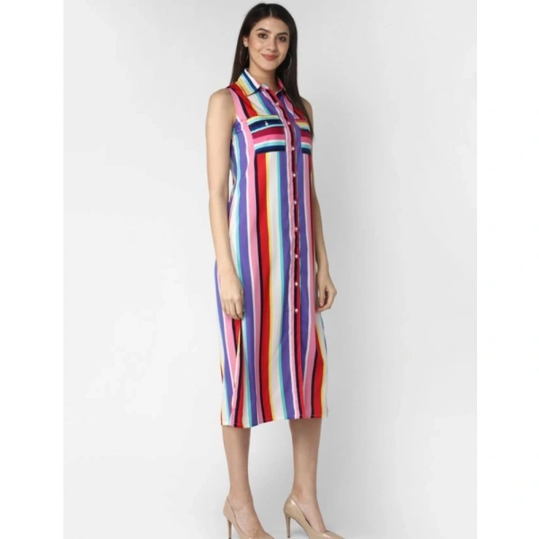 Women's Polyester Striped Sleeveless Calf-length Dress (Multicolor) - S