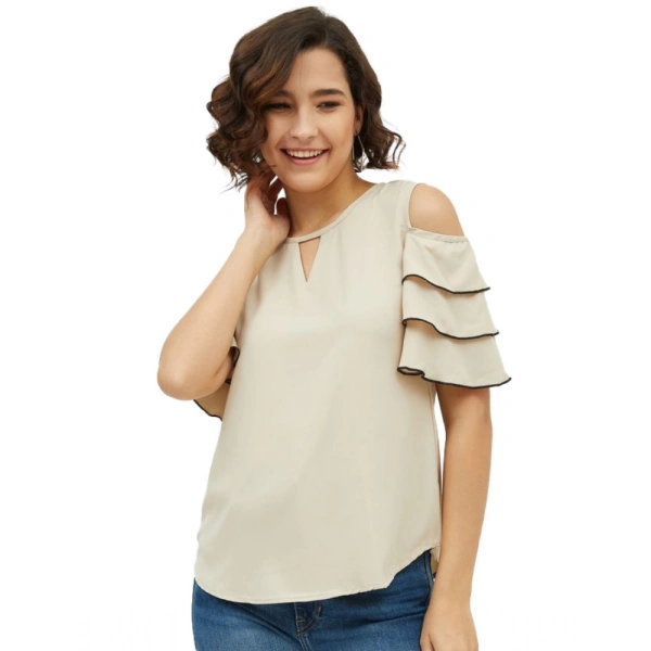 Women's Polyester Tiered Cold Shoulder Top (Beige) - M
