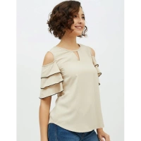 Women's Polyester Tiered Cold Shoulder Top (Beige) - M