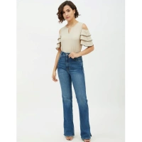 Women's Polyester Tiered Cold Shoulder Top (Beige) - M