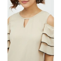 Women's Polyester Tiered Cold Shoulder Top (Beige) - M
