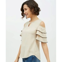 Women's Polyester Tiered Cold Shoulder Top (Beige) - M