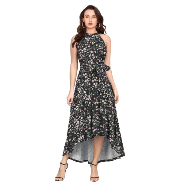 Women's Polyster Printed Helter Neck Sleeveless Dresses (Black) - M