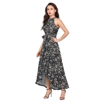 Women's Polyster Printed Helter Neck Sleeveless Dresses (Black) - M