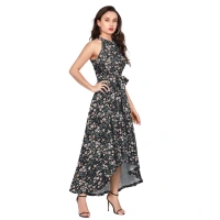 Women's Polyster Printed Helter Neck Sleeveless Dresses (Black) - M
