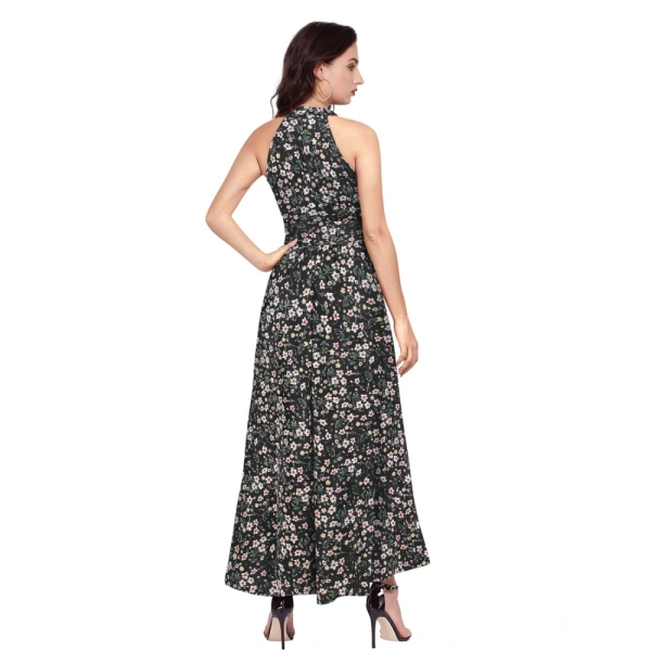 Women's Polyster Printed Helter Neck Sleeveless Dresses (Black) - M