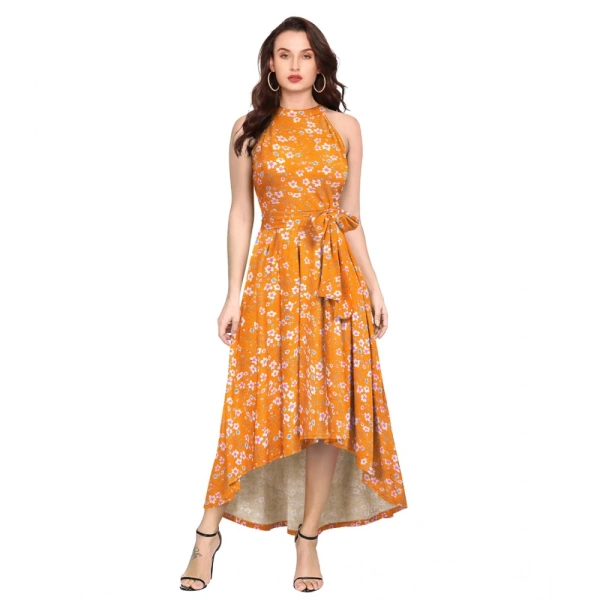 Women's Polyster Printed Helter Neck Sleeveless Dresses (Yellow) - XL