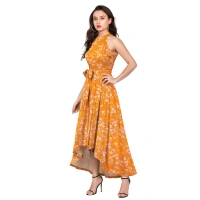 Women's Polyster Printed Helter Neck Sleeveless Dresses (Yellow) - XL