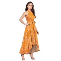 Women's Polyster Printed Helter Neck Sleeveless Dresses (Yellow) - XL