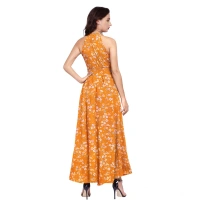 Women's Polyster Printed Helter Neck Sleeveless Dresses (Yellow) - XL