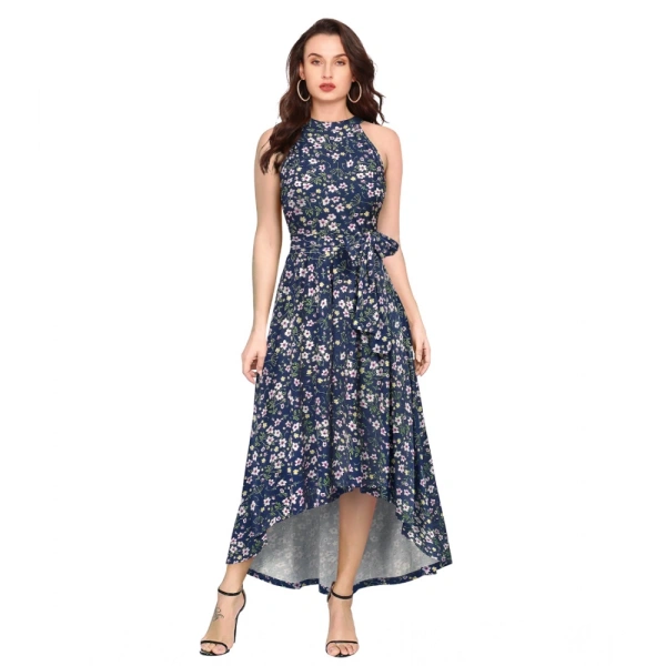 Women's Polyster Printed Helter Neck Sleeveless Dresses (Blue) - S