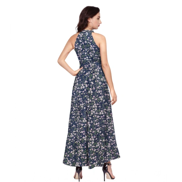 Women's Polyster Printed Helter Neck Sleeveless Dresses (Blue) - S