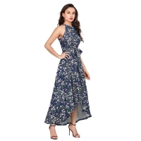 Women's Polyster Printed Helter Neck Sleeveless Dresses (Blue) - S