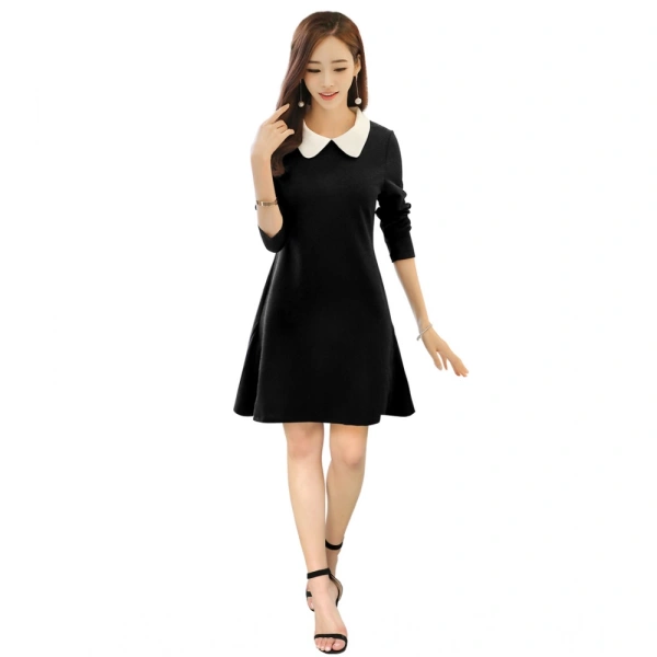 Women's Polyster Solid Collar 3-4th Dresses (Black) - L