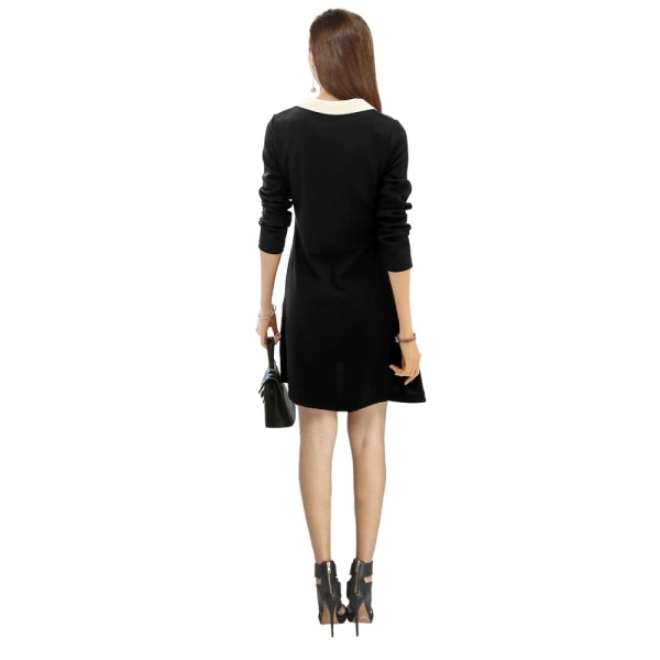 Women's Polyster Solid Collar 3-4th Dresses (Black) - L
