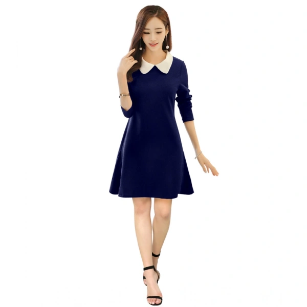 Women's Polyster Solid Collar 3-4th Dresses (Blue) - M