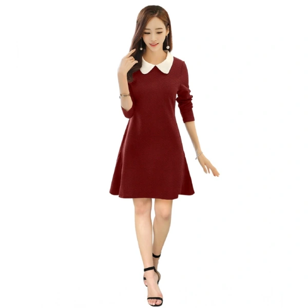 Women's Polyster Solid Collar 3-4th Dresses (Maroon) - L
