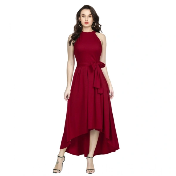 Women's Polyster Solid Helter Neck Sleeveless Dresses (Maroon) - XL