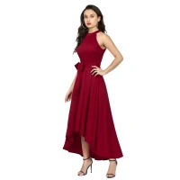 Women's Polyster Solid Helter Neck Sleeveless Dresses (Maroon) - XL