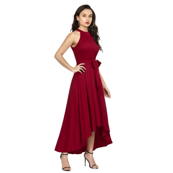 Women's Polyster Solid Helter Neck Sleeveless Dresses (Maroon) - XL