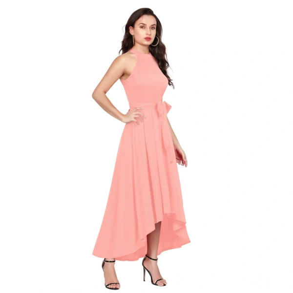 Women's Polyster Solid Helter Neck Sleeveless Dresses (Peach) - XL