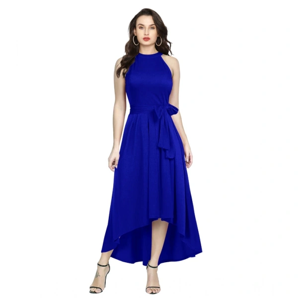 Women's Polyster Solid Helter Neck Sleeveless Dresses (Royal Blue) - M