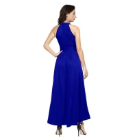Women's Polyster Solid Helter Neck Sleeveless Dresses (Royal Blue) - M